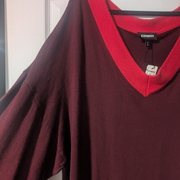Express | Deep V Contrasting Sweater In Red/Burgundy - Picture 5 of 12